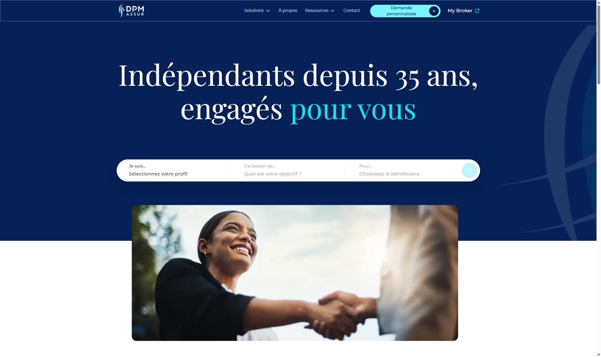 Page d’accueil de DPM Assur et parcours de recherche par profil